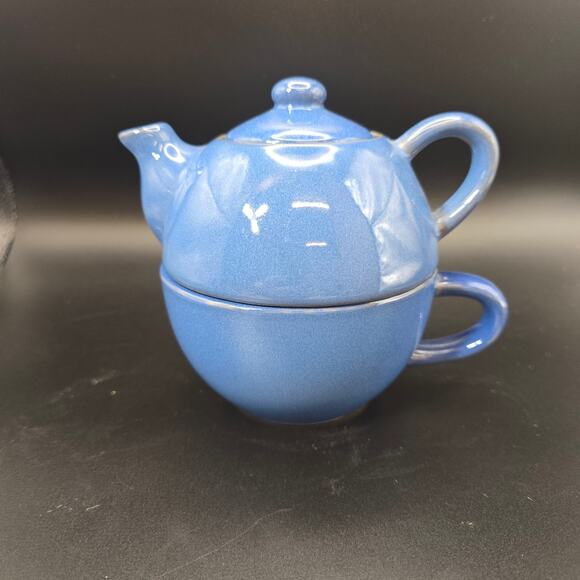 London Pottery Blue “Tea for One” Teapot & Cup Set Stoneware 6" England - Picture 1 of 11